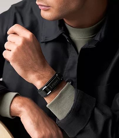 Machine Rugged Stainless Steel and Black Padded Leather Strap Bracelet - Image 2