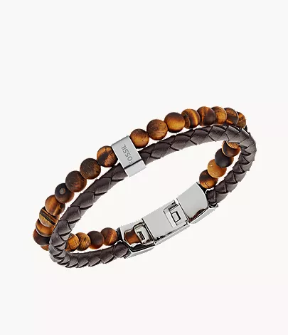 Beaded Tiger-s Eye and Brown Leather Bracelet - Image 2