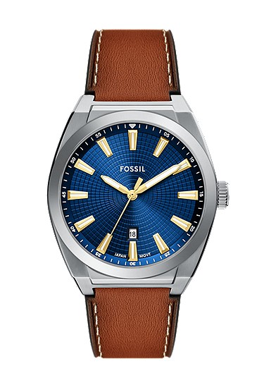 Everett 42mm Three-Hand Date Brown Leather Watch