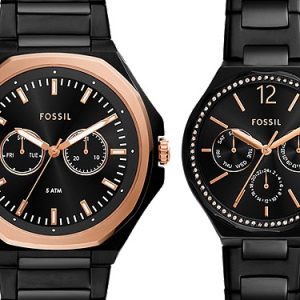 His and Her Multifunction Black Stainless Steel Watch Set