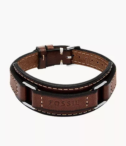 Machine Rugged Stainless Steel and Brown Padded Leather Strap Bracelet