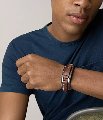 Machine Rugged Stainless Steel and Brown Padded Leather Strap Bracelet - Image 2