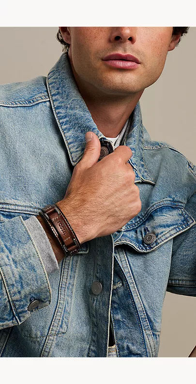 Machine Rugged Stainless Steel and Brown Padded Leather Strap Bracelet - Image 3