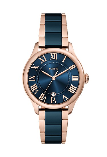 Gilmore 38mm Three-Hand Date Rose Gold-Tone and Navy Ceramic Watch