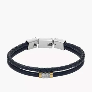 Machine Knurled Texture Navy Leather Multi-Strand Bracelet